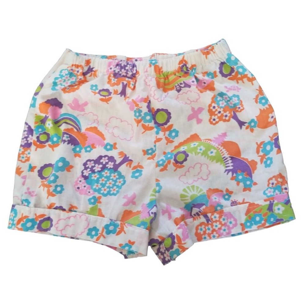 Vintage Kids Clothes Shorts Colorful Girls Handmade 70s Patterned Fabric Trees